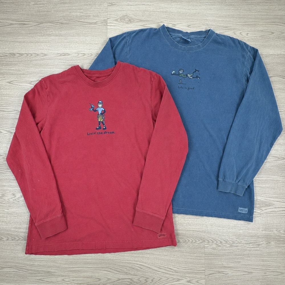 Life is Good Mens Long Sleeve T-Shirt Bundle Red Blue XL Jake Graphic Cotton 2pk